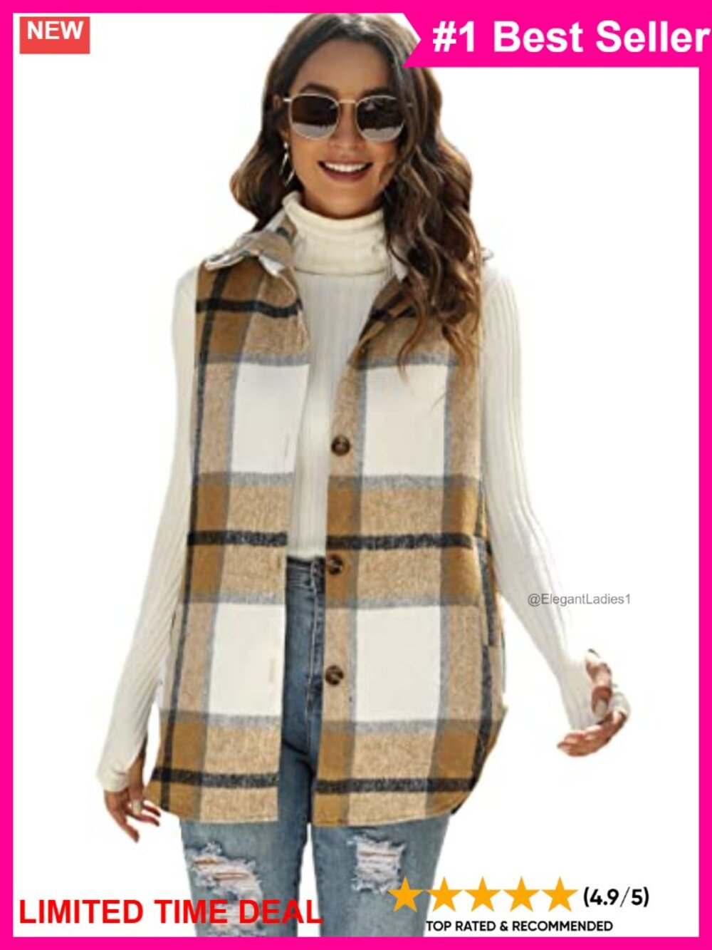 Plaid Flannel Sleeveless Shacket Vest Button Front Pockets Layering